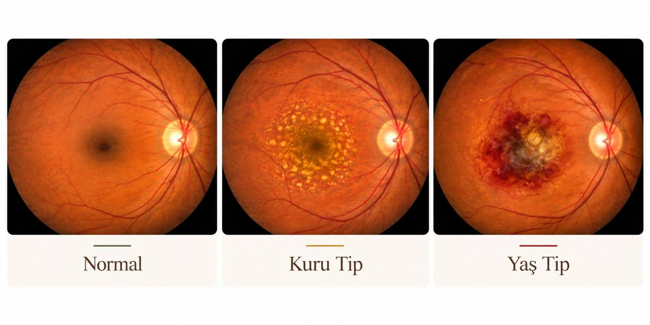 Sarı nokta hastalığında normal retina, kuru tip ve yaş tip görünüm karşılaştırması