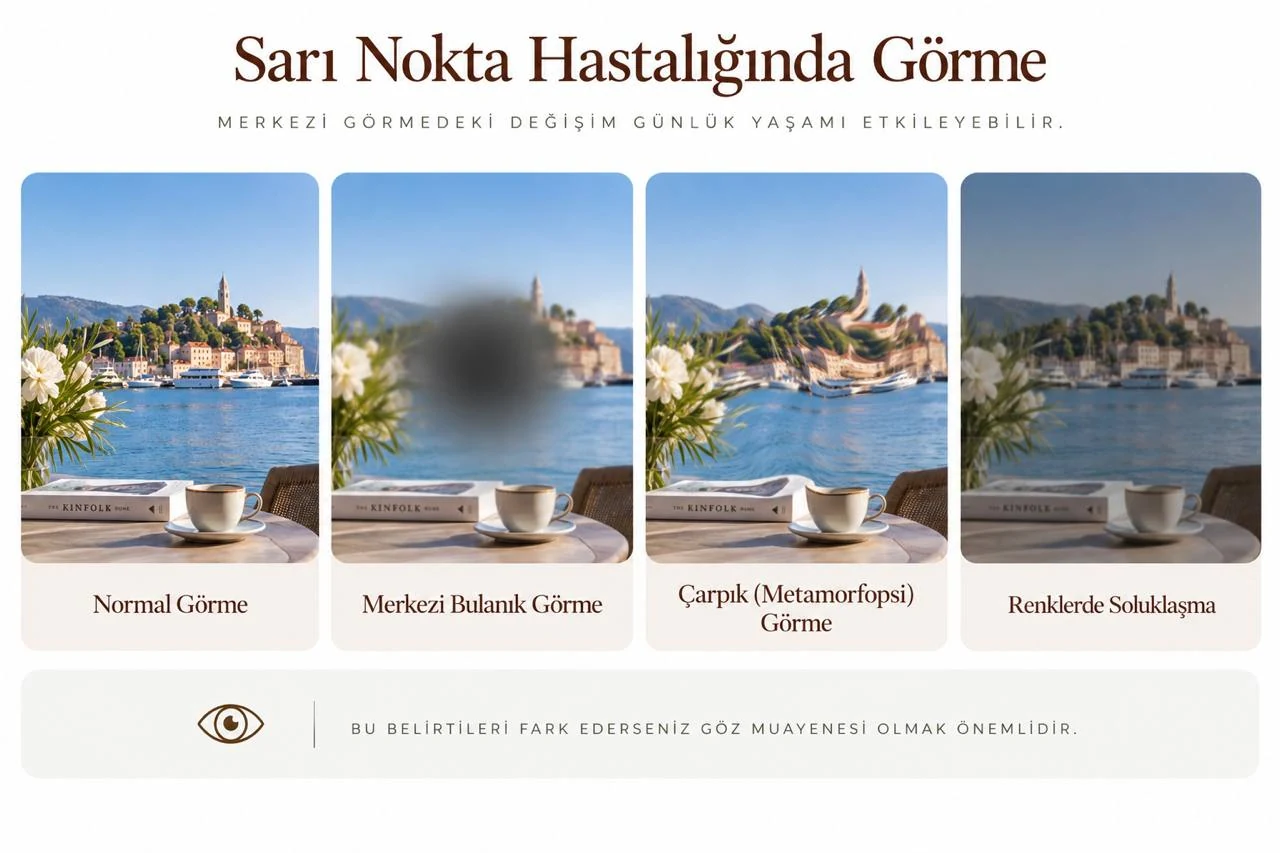 Sarı nokta hastalığında normal görme, merkezi bulanık görme, çarpık görme ve renklerde soluklaşma karşılaştırması